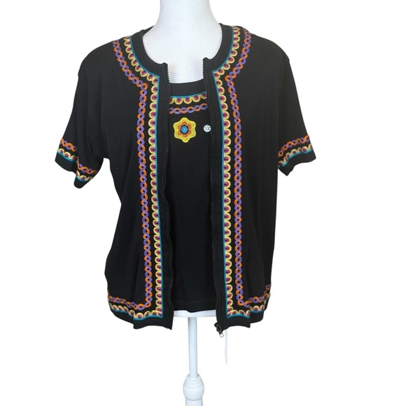 Lisa International Black Embroidered Jersey Knit Cardigan Tank Top Set Large - Picture 3 of 14